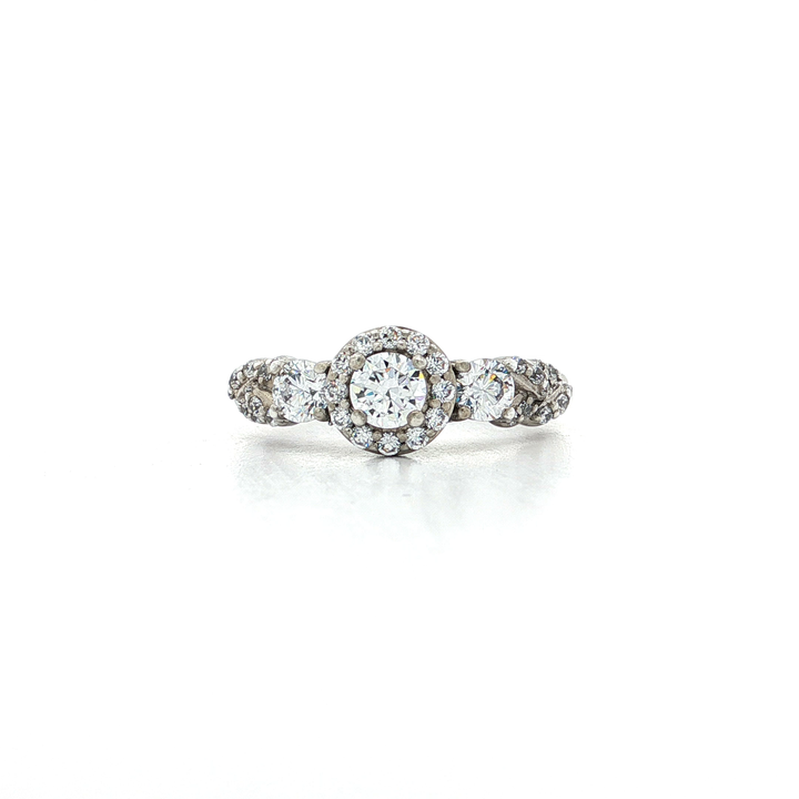 Three Stone Round Brilliant Cut CZ Engagement Ring with Halo in Sterling Silver