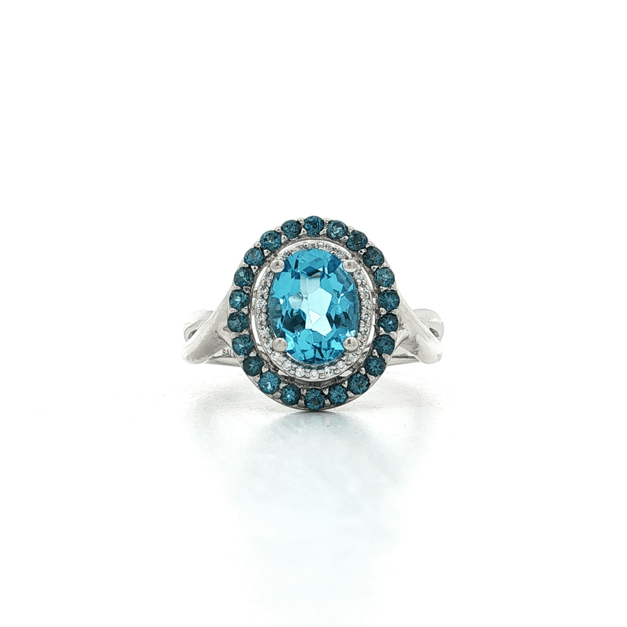 Oval Blue Topaz Color CZ Double Halo Ring Sterling Silver