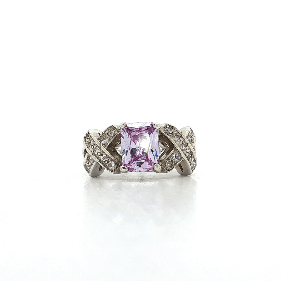 Hugs & Kisses Light Amethyst Color Emerald Cut CZ Ring Sterling Silver