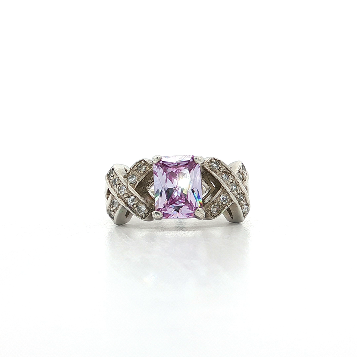 Hugs & Kisses Light Amethyst Color Emerald Cut CZ Ring in Sterling Silver