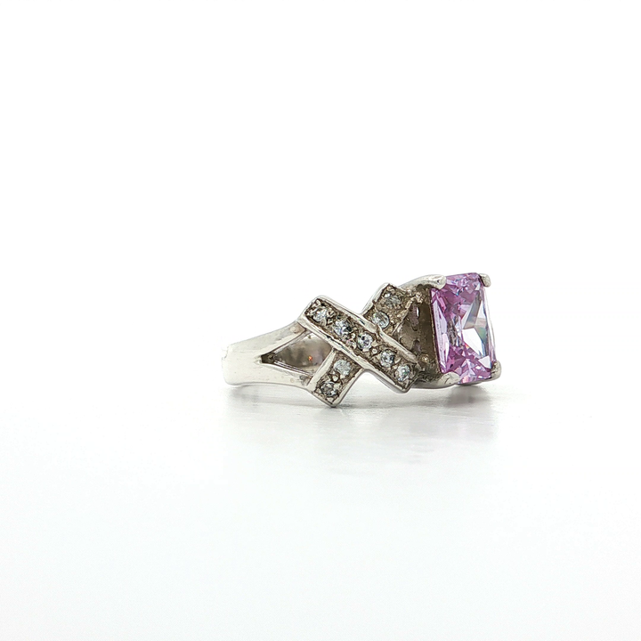 Hugs & Kisses Light Amethyst Color Emerald Cut CZ Ring in Sterling Silver