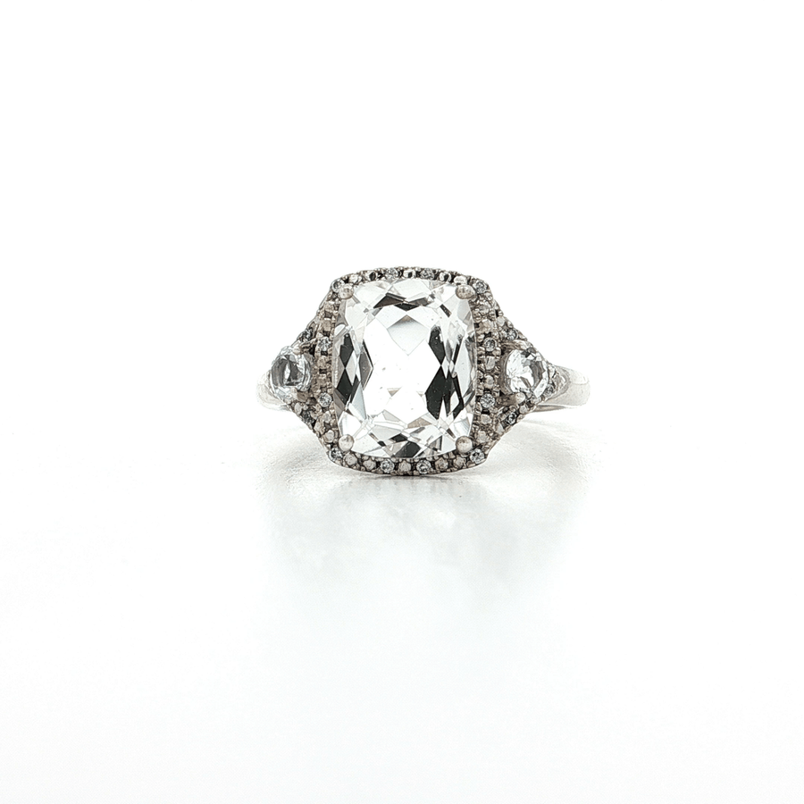 Large Cushion Cut Quartz & CZ Halo Ring Sterling Silver