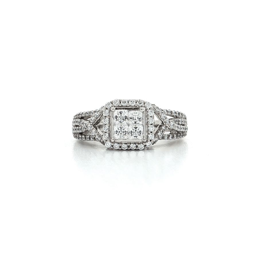 CZ Princess & Round Brilliant Cut Halo Engagement Ring Sterling Silver