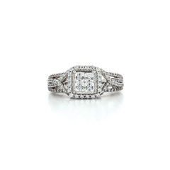CZ Princess & Round Brilliant Cut Halo Engagement Ring in Sterling Silver