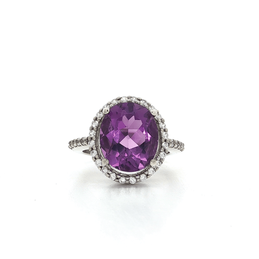 X-Large Amethyst Purple Oval CZ Halo Ring Sterling Silver