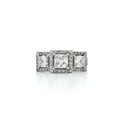 Three Stone Princess Cut CZ Engagement Ring set in a Sterling Silver Halo Setting – Jewelry Depot, Inc.