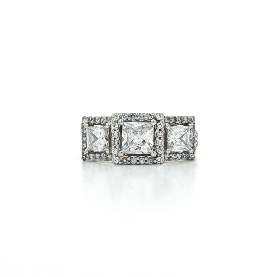 Three Stone Princess Cut CZ Engagement Ring set Sterling Silver Halo Setting