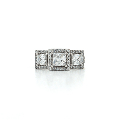Three Stone Princess Cut CZ Engagement Ring set in Sterling Silver Halo Setting