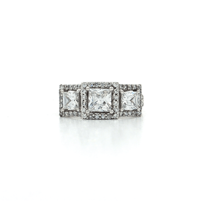 Three Stone Princess Cut CZ Engagement Ring set in a Sterling Silver Halo Setting – Jewelry Depot, Inc.