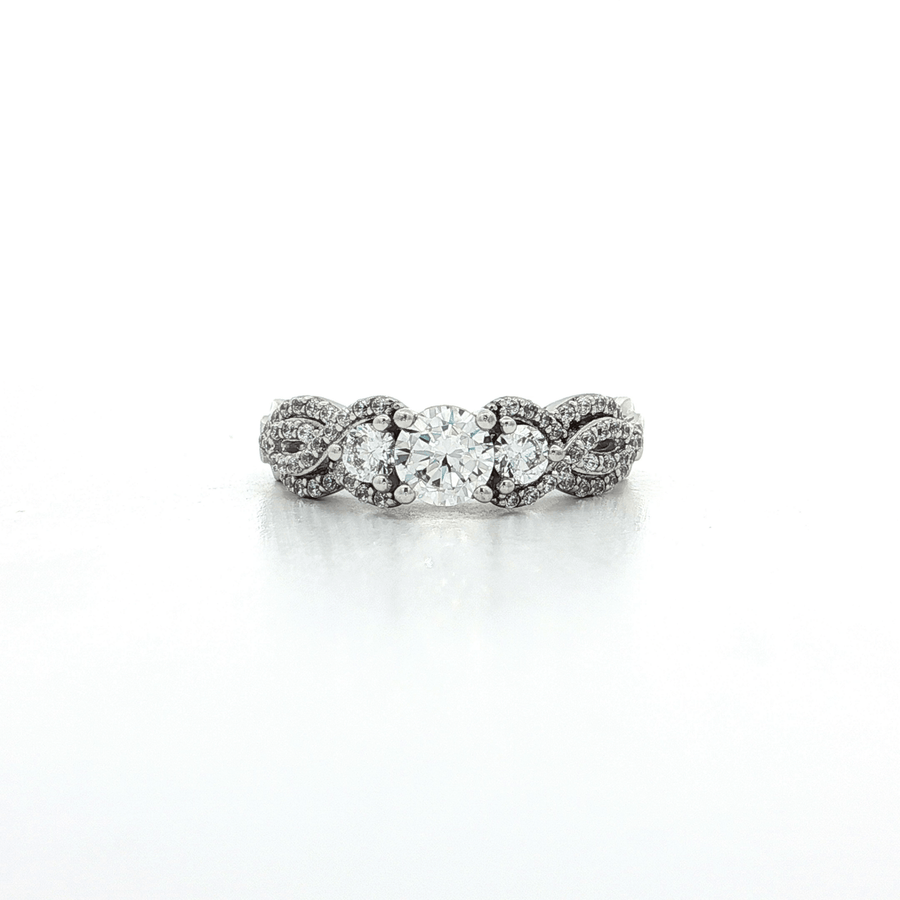 Three-Stone CZ Engagement Ring with a Twisted Woven Shank set with Pave CZs Sterling Silver