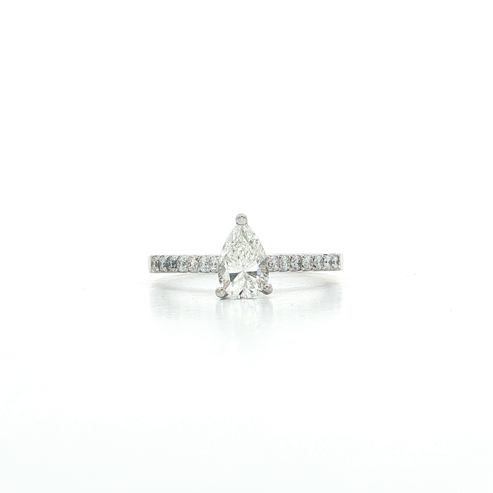 Certified Pear Brilliant Cut Near Colorless Diamond Engagement Ring (⁹⁄₁₀ ct. tw.) with Round Brilliant Cut Side Stones in 18k White Gold