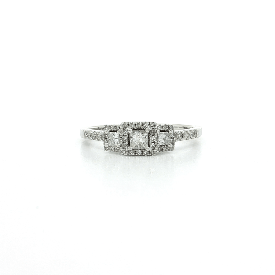 Princess & Round Brilliant Cut Diamond Past Present Future Ring (1/2 ct. tw.) with Halos 14k White Gold