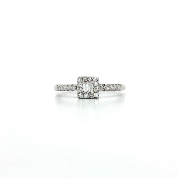 0.35 CTW Natural Baguette Cut and Round Brilliant Cut Colorless Diamond Halo Ring in 18kt White Gold