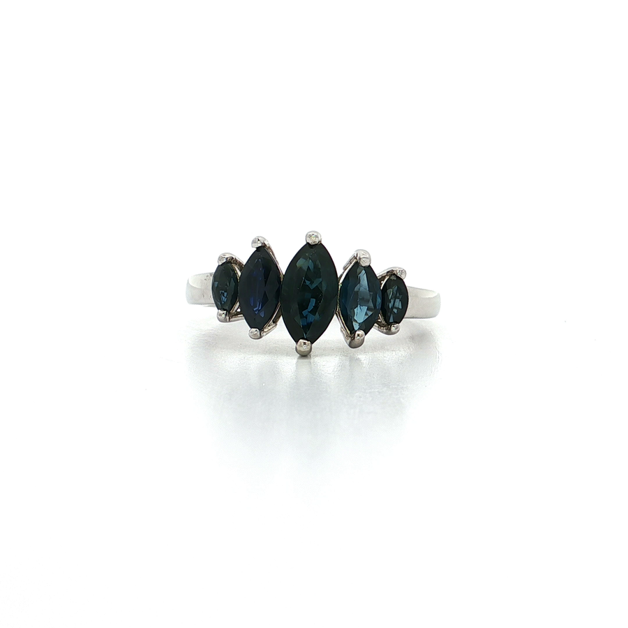 Graduating Marquise Cut Deep Vivid Blue Sapphire Ring (2 ct.) 14k White Gold