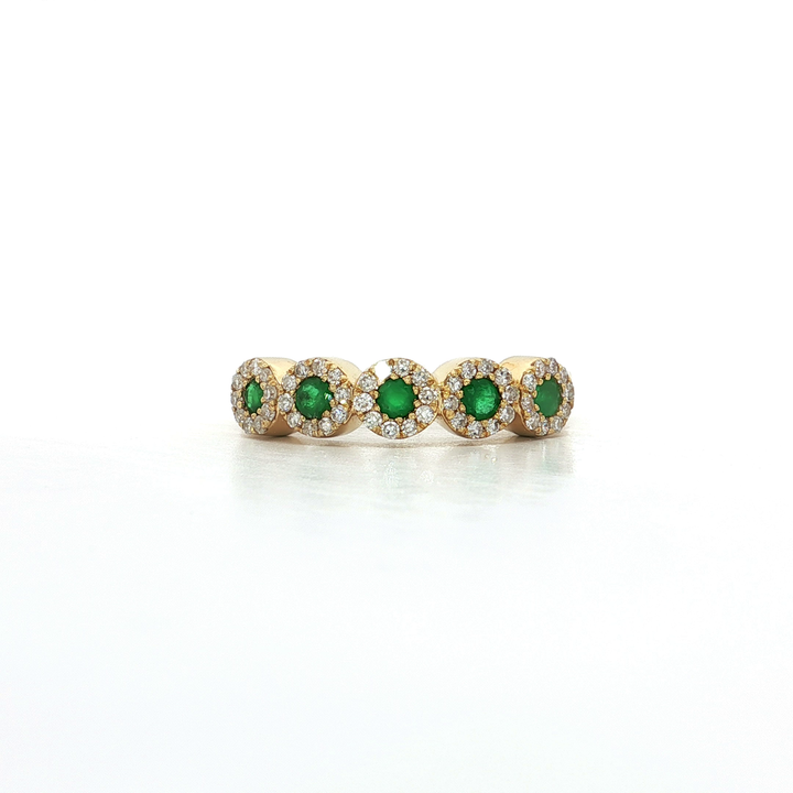 0.80 CTW Natural Round Brilliant Cut Emerald & Colorless Diamond Halo Ring in 14kt Yellow Gold