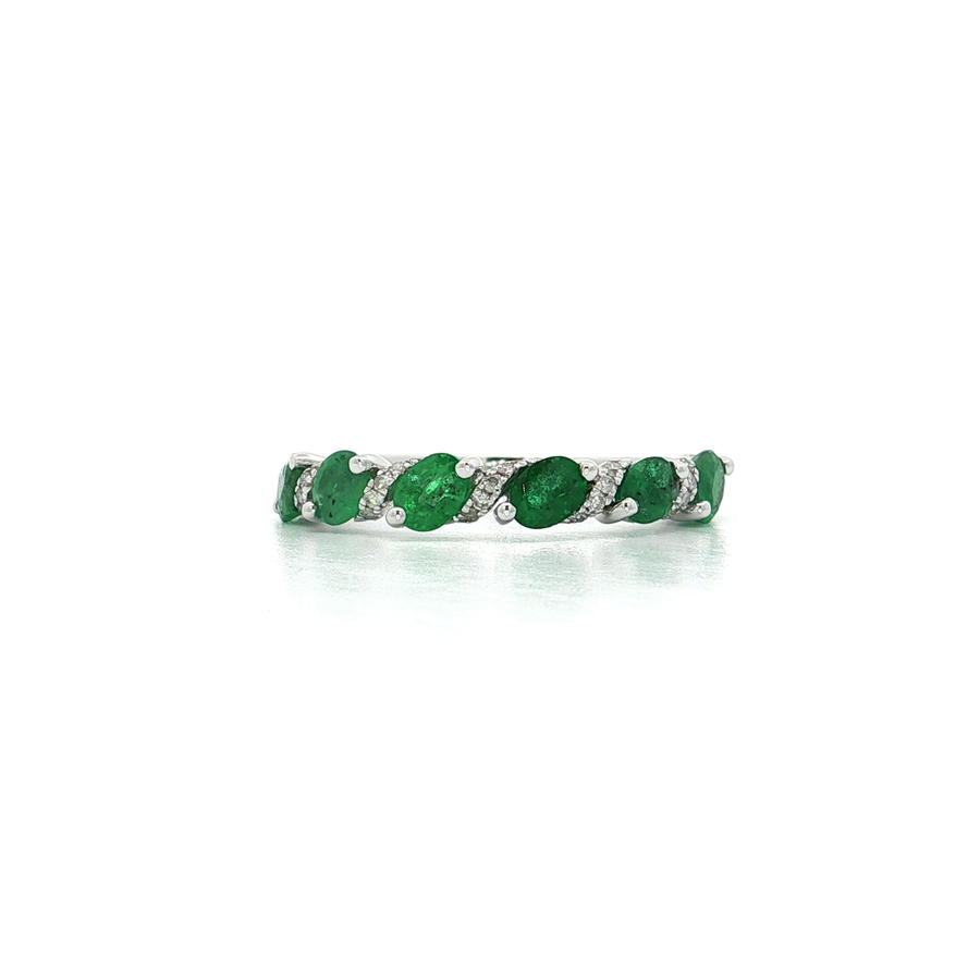 Emerald & near-colorless diamond wedding band 14k white gold featuring alternating emeralds and diamonds.