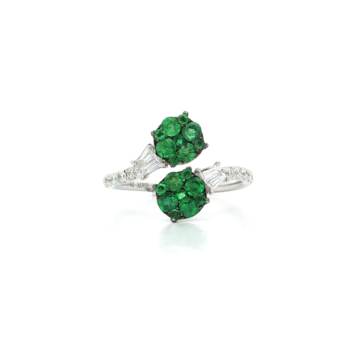 0.34 CTW AA Grade Emerald & Natural Colorless Near-Flawless Round Brilliant Cut & Baguette Diamond Bypass Ring in 14kt White Gold
