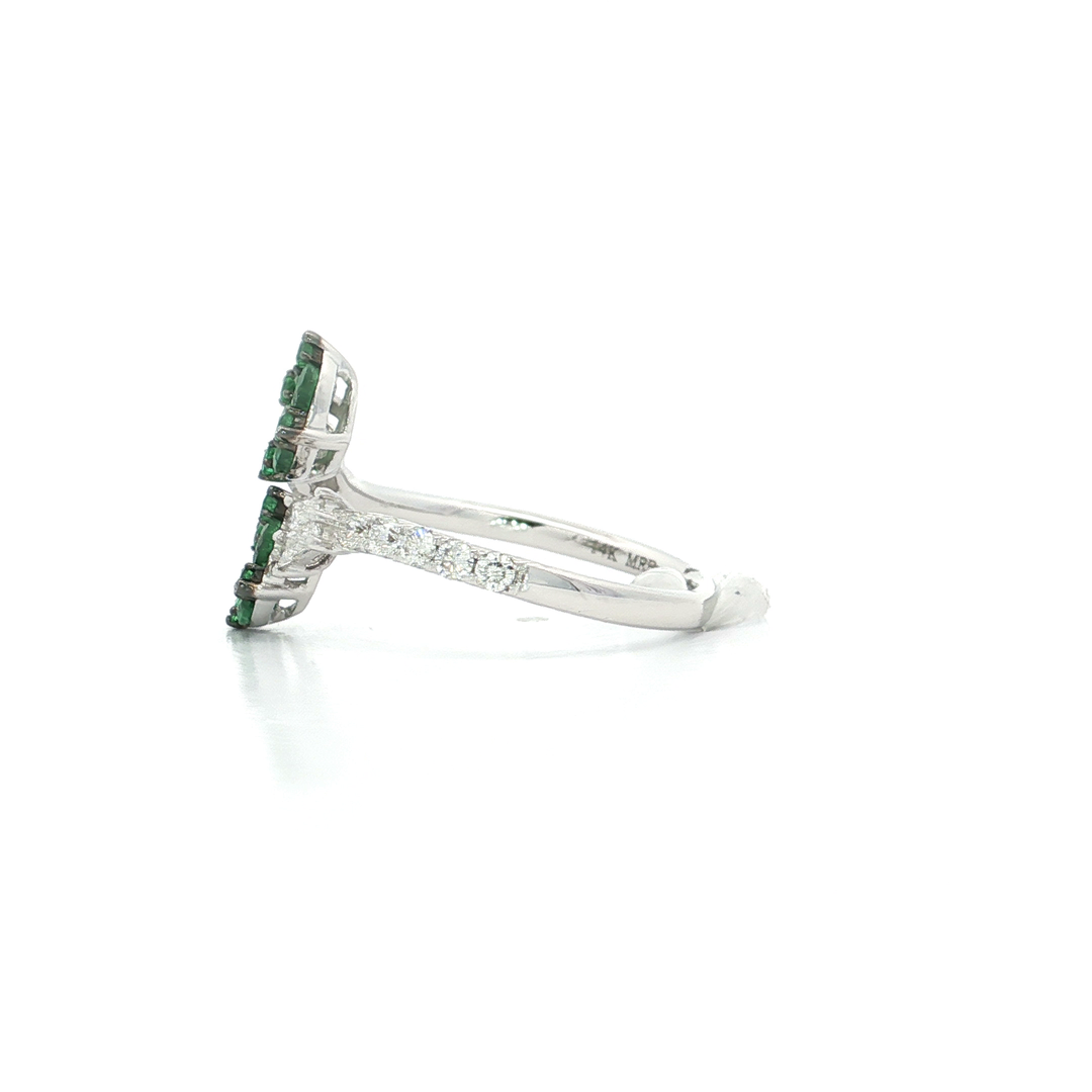 0.34 CTW AA Grade Emerald & Natural Colorless Near-Flawless Round Brilliant Cut & Baguette Diamond Bypass Ring in 14kt White Gold