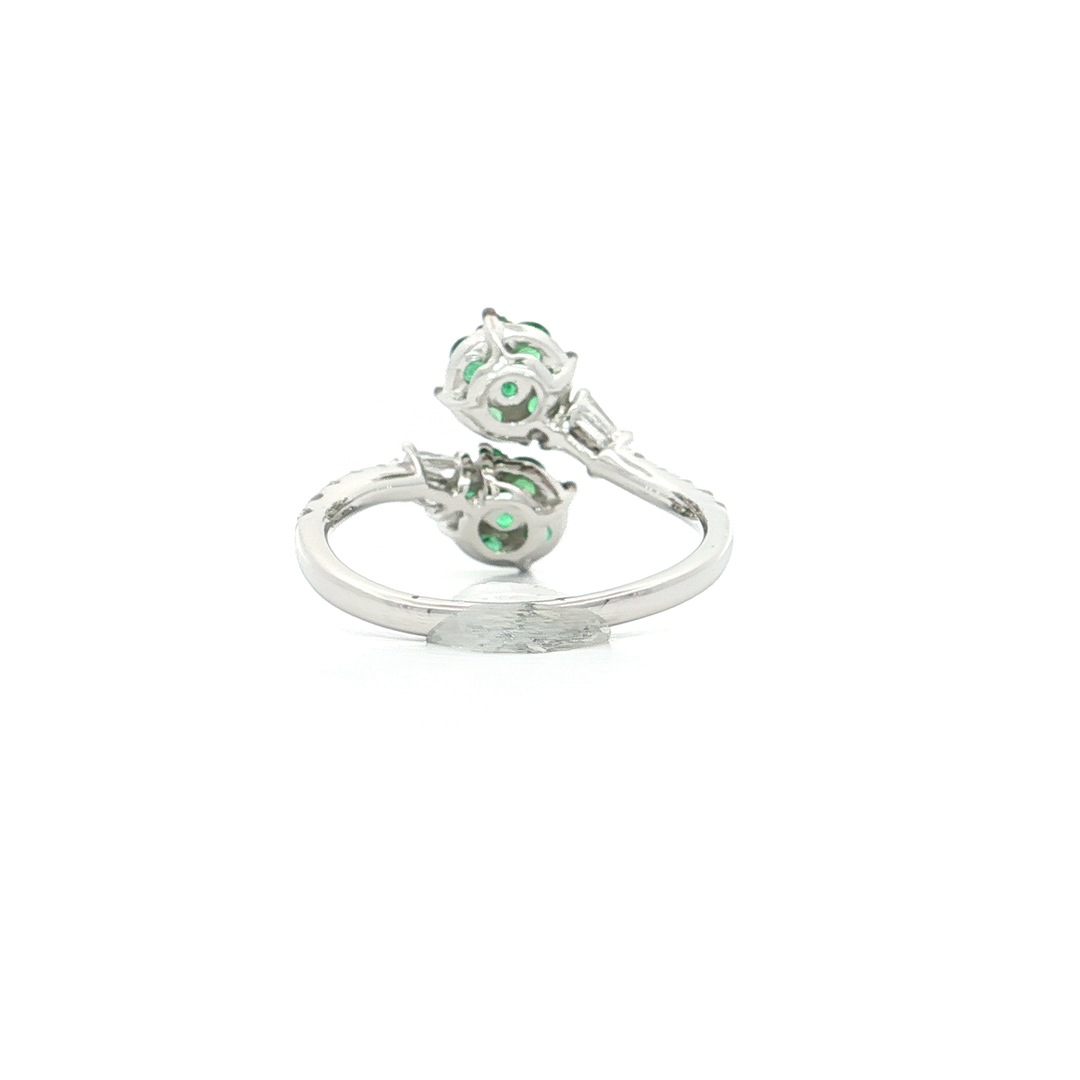 0.34 CTW AA Grade Emerald & Natural Colorless Near-Flawless Round Brilliant Cut & Baguette Diamond Bypass Ring in 14kt White Gold