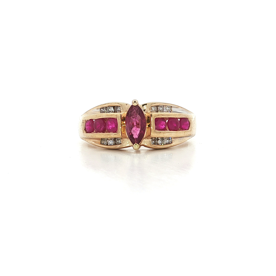 Marquise Ruby & Round Brilliant Cut Near-Colorless Diamond Ring (7/8 ct. tw.) 14k Yellow Gold