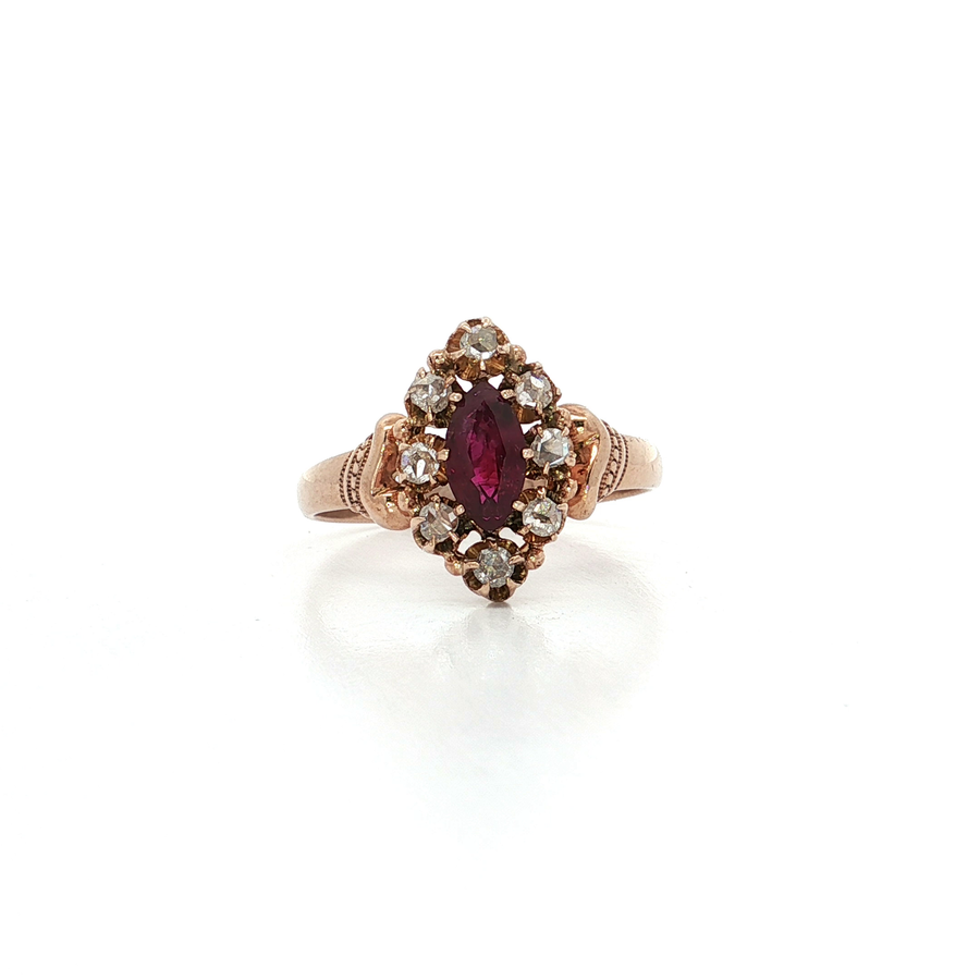 Antique Marquise Ruby & Rose Cut Diamond Ring (1 ct. tw.) 9k Yellow & Rose Gold