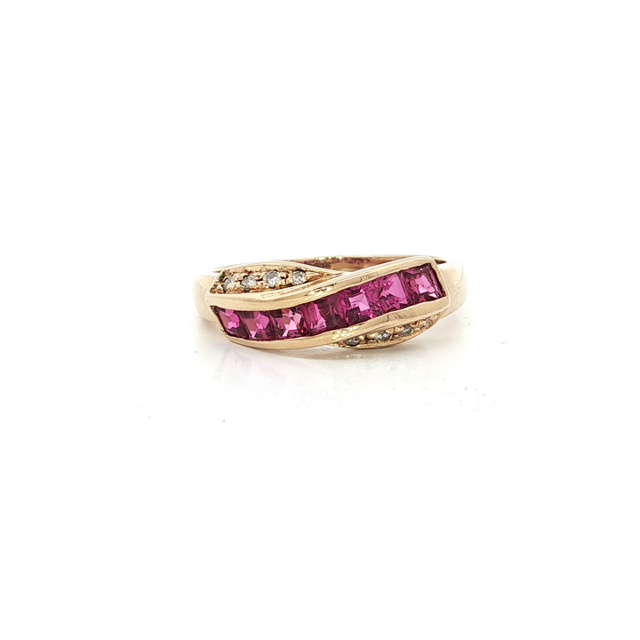 Princess Cut Channel-Set Vivid Ruby & Round Brilliant Cut Diamond Ring (1 ⅒ ct. tw.) in 14k Yellow Gold
