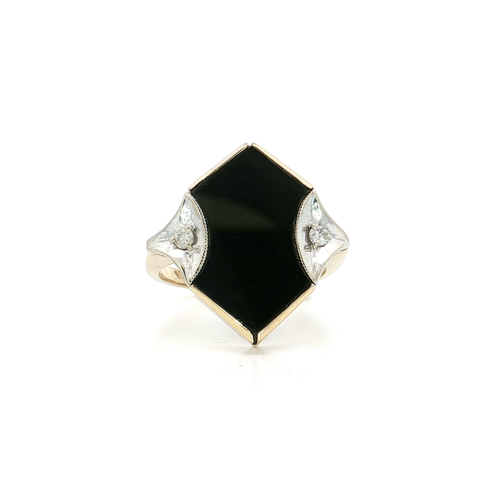 Art Deco Antique Shield Shaped Onyx & Natural Round Brilliant Cut Near Colorless Diamond Ring in 14kt Yellow Gold