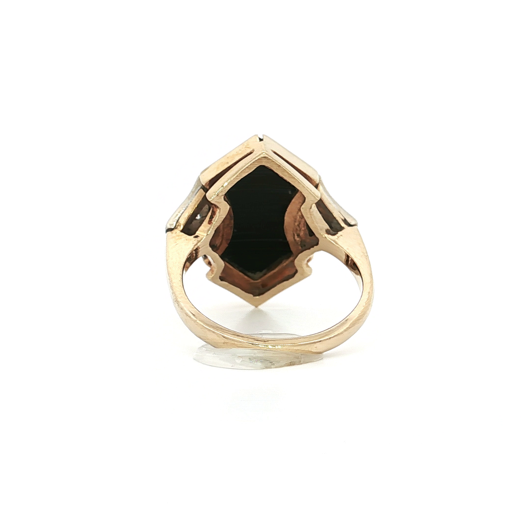 Art Deco Antique Shield Shaped Onyx & Natural Round Brilliant Cut Near Colorless Diamond Ring in 14kt Yellow Gold