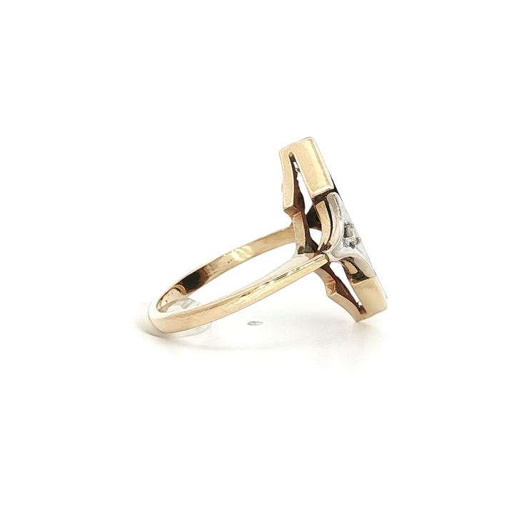 Art Deco Antique Shield Shaped Onyx & Natural Round Brilliant Cut Near Colorless Diamond Ring in 14kt Yellow Gold