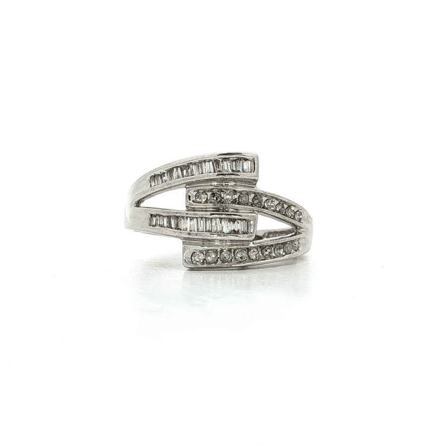 Round Brilliant Cut & Baguette Diamond Ring (1 ct. tw.) 10k White Gold Double Split Shank