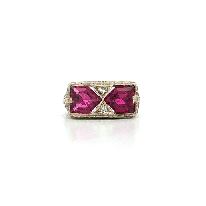 2.06 CTW Antique Grade AAAA Geometric Shape Rubellite Gemstone & Natural Colorless Diamond Ring in 14kt White Gold