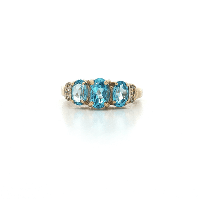 1.60 CTW AAAA Grade Oval Shape Swiss Blue Topaz Past Present Future Ring with Natural Near - Colorless Round Brilliant Cut Diamonds in 10kt Yellow Gold – Jewelry Depot, Inc.