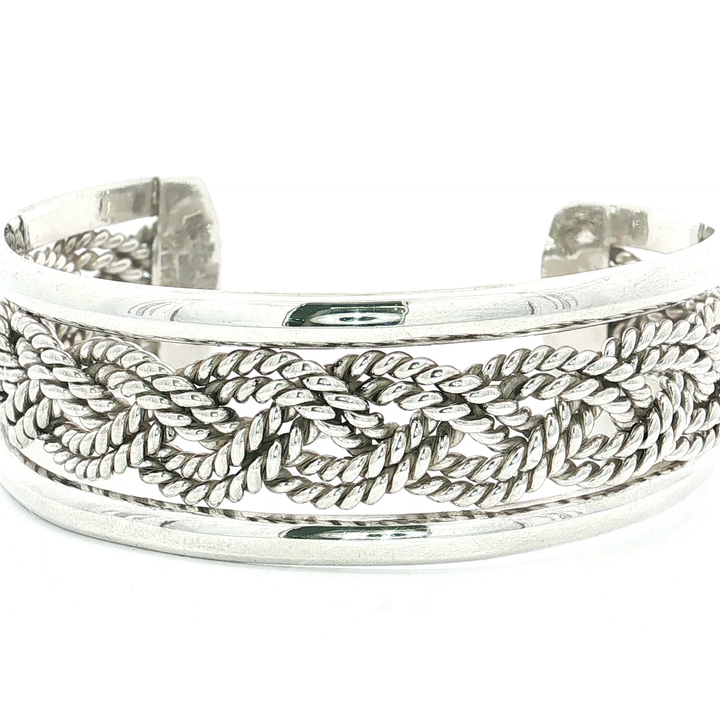 Wide Openwork Woven Rope Knot Cuff Bracelet in Sterling Silver