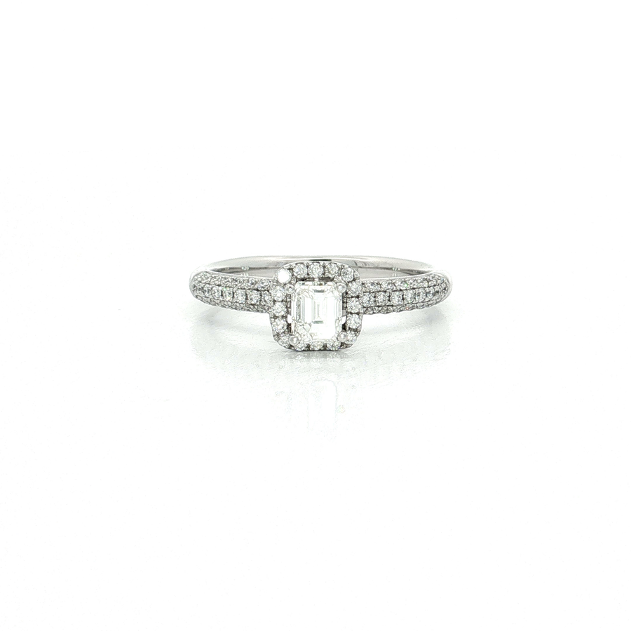 Halo Near-Colorless Emerald-Cut Diamond Engagement Ring 18k White Gold