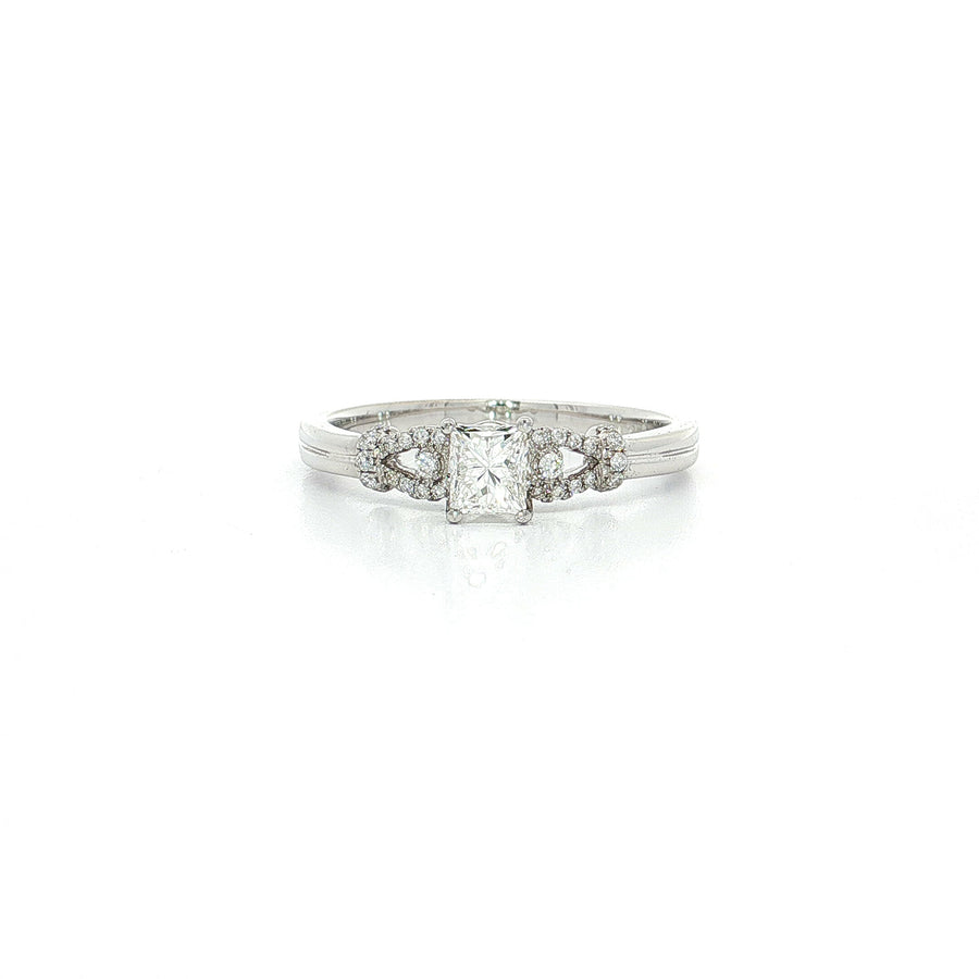 Princess Cut Nearly Flawless Colorless Diamond Love Knot Engagement Ring (1/2 ct. tw.) with Round Brilliant Cut Side Diamond 18k White Gold