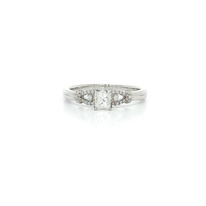 Princess Cut Nearly Flawless Colorless Diamond Love Knot Engagement Ring (½ ct. tw.) with Round Brilliant Cut Side Diamond in 18k White Gold