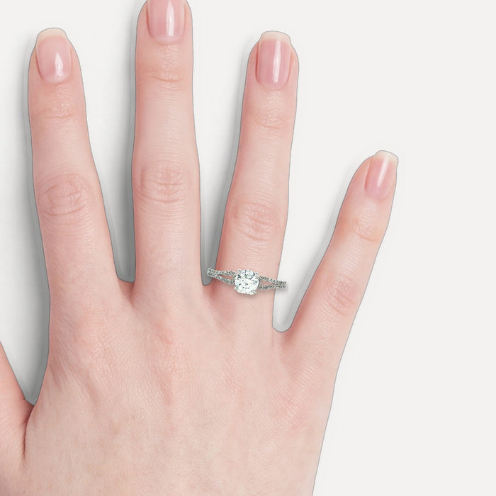 Certified Pavé Colorless Near-Flawless Diamond Engagement Ring (1 ct. tw.) in 18k White Gold shown on a hand (light skin tone)