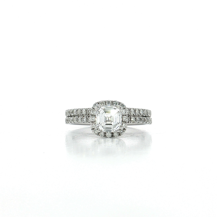 GIA Certified Asscher Cut Halo Colorless Near-Flawless Diamond Bridal Set (1 ⅗ ct. tw.) in 18k White Gold