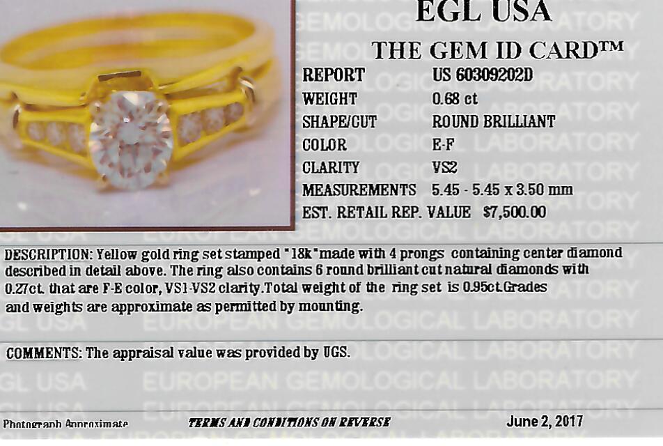 0.95 CTW EGL Certified Colorless Round Brilliant Cut Natural Diamond Bridal Set in Yellow Gold