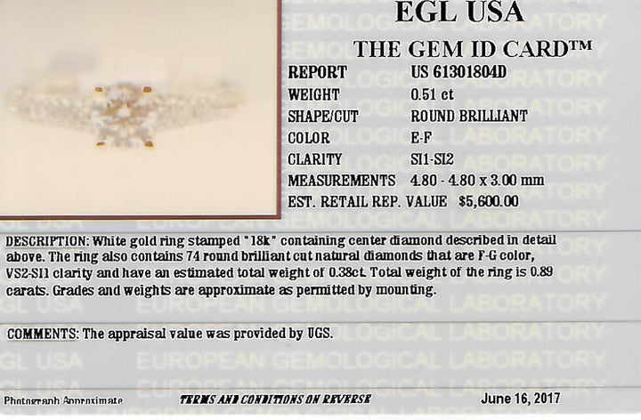 0.80 CTW EGL Certified Round Brilliant Cut Diamond Engagement Ring in 18KT White Gold