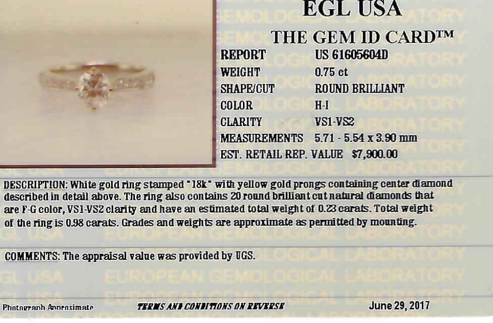 0.98 CTW EGL Certified Round Brilliant Diamond Engagement Ring in 18KT White Gold