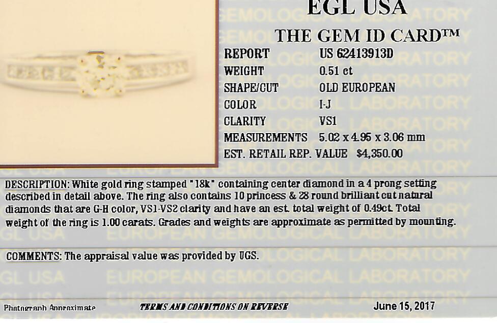 1.00 CTW EGL Certified Round Old European Cut Diamond Engagement Ring in 18KT White Gold