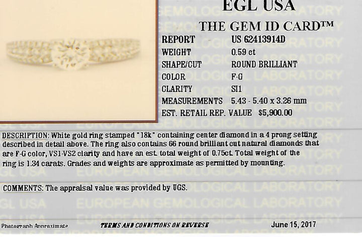 1.34 CTW EGL Certified Colorless Round Brilliant Diamond Engagement Ring in 18KT White Gold