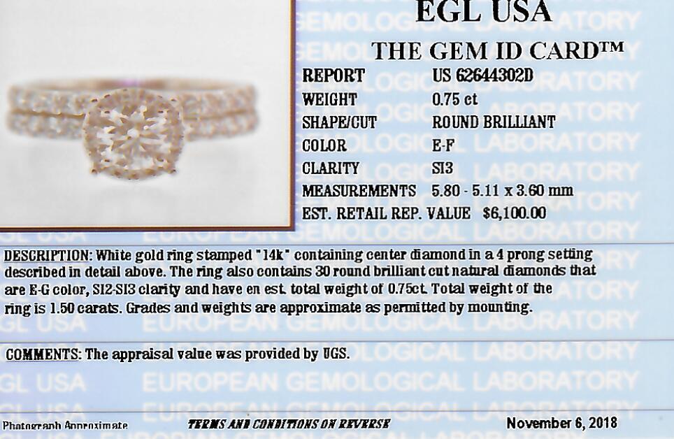 1.50 CTW EGL Certified Colorless Natural Diamond Halo Bridal Set in 14KT White Gold