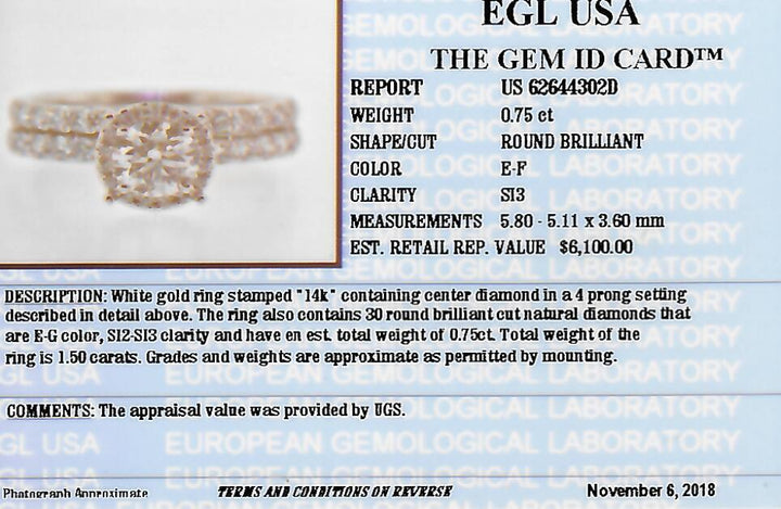 1.50 CTW EGL Certified Colorless Natural Diamond Halo Bridal Set in 14KT White Gold