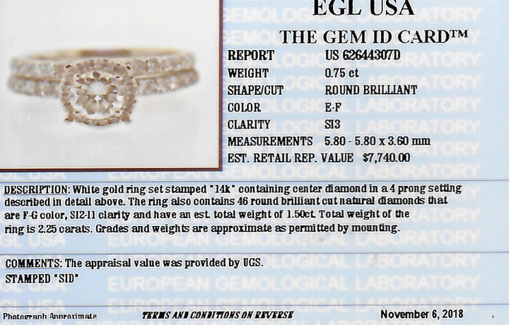 2.25 CTW EGL Certified Colorless Round Brilliant Diamond Bridal Set in 14KT White Gold