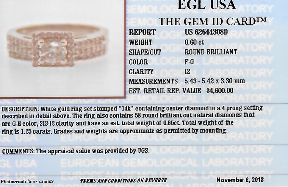 1.25 CTW EGL Certified Colorless Diamond Halo Bridal Set in 14KT White Gold