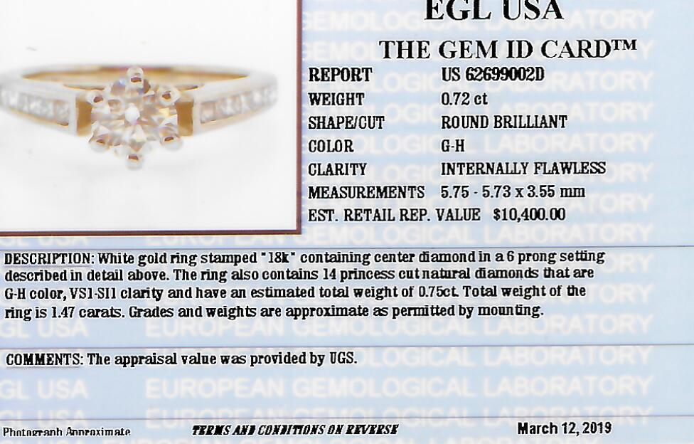 1.47 CTW GIA & EGL Certified Internally Flawless Round Brilliant Diamond Engagement Ring in 18KT White Gold