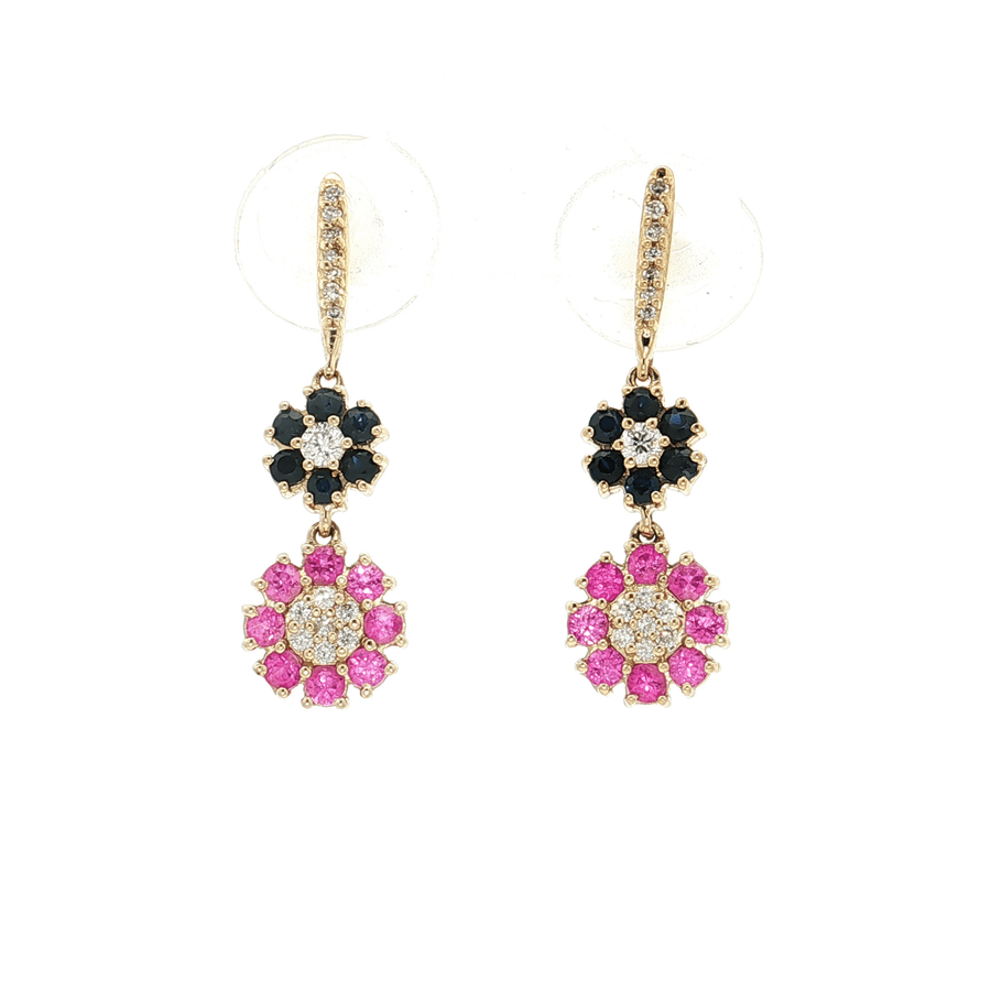 Vivid Blue Sapphire, Vivid Pink Sapphire & Diamond Floral Dangle Earrings (2 2/3 ct. tw.) 14k Yellow Gold
