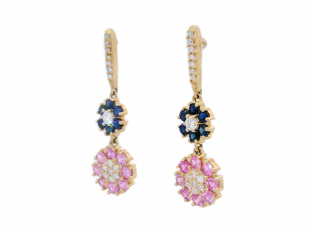 1.20 CTW Natural Blue Sapphire, Pink Sapphire & Diamond Floral Dangle Earrings in 14KT Yellow Gold